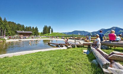 Kinder am Spielen und Plantschen am Bergsee.